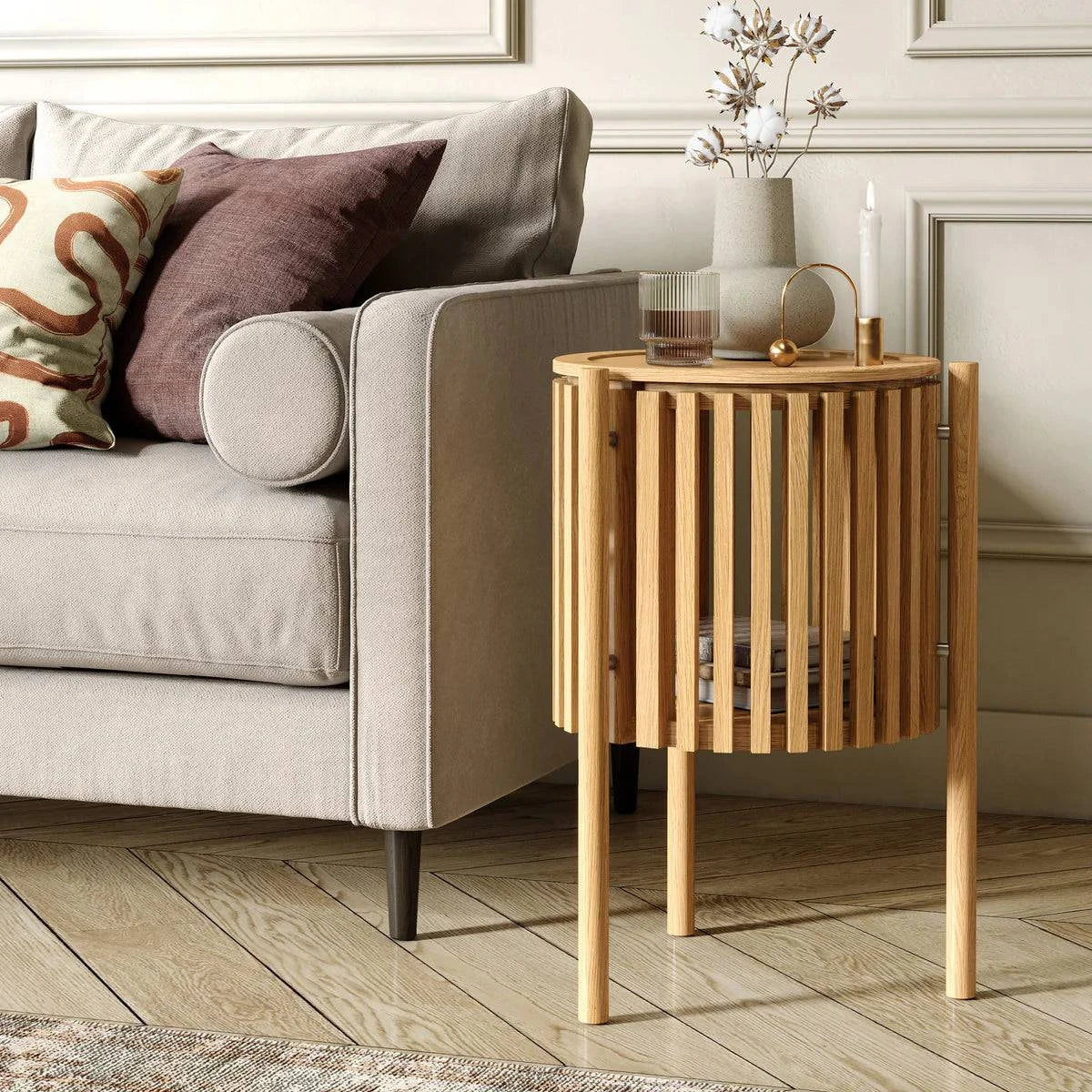 Stylish Oak Slatted Story 1-Door Side Table Online - Blythe Living