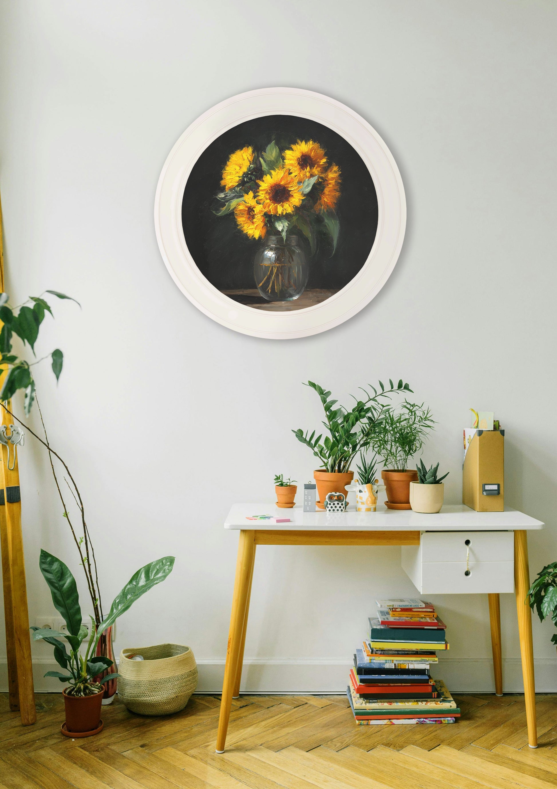 Sunflowers After Dark - Oxford Strong White Round Frame - Blythe Living