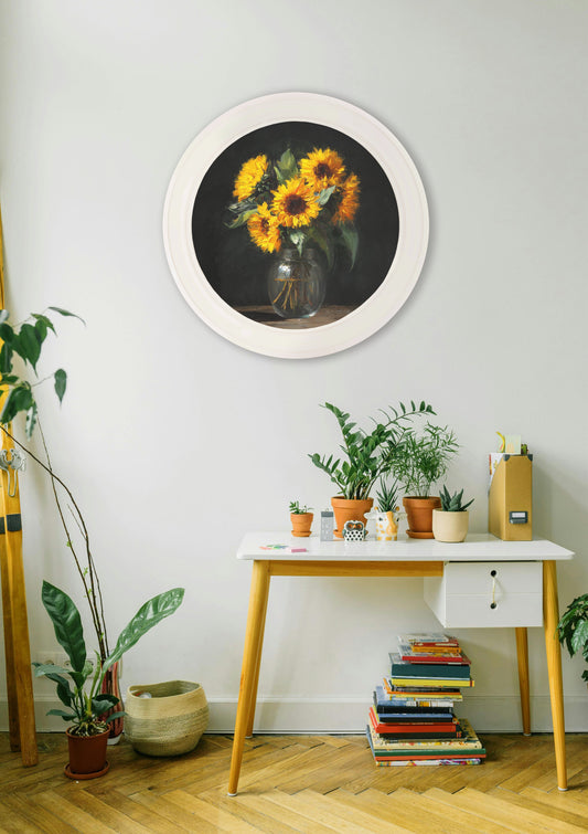 Sunflowers After Dark - Oxford Strong White Round Frame - Blythe Living