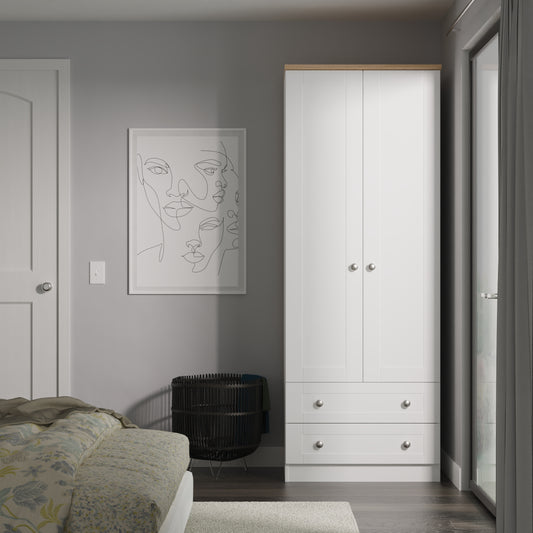Sussex Tall 2 Drawer Wardrobe in White Ash with Bardolino Oak Top