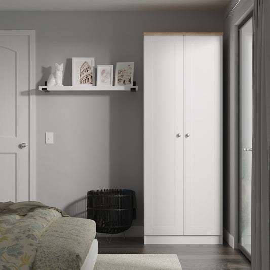 Sussex Tall Plain Wardrobe in White Ash with Bardolino Oak Top