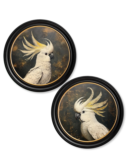 The Cockatoo Pair – Framed Tropical Bird Prints in Round Frames (Set of Two)