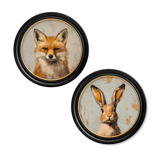 The Fox & The Hare – Framed Woodland Animal Prints in Round Frames (Set of Two)