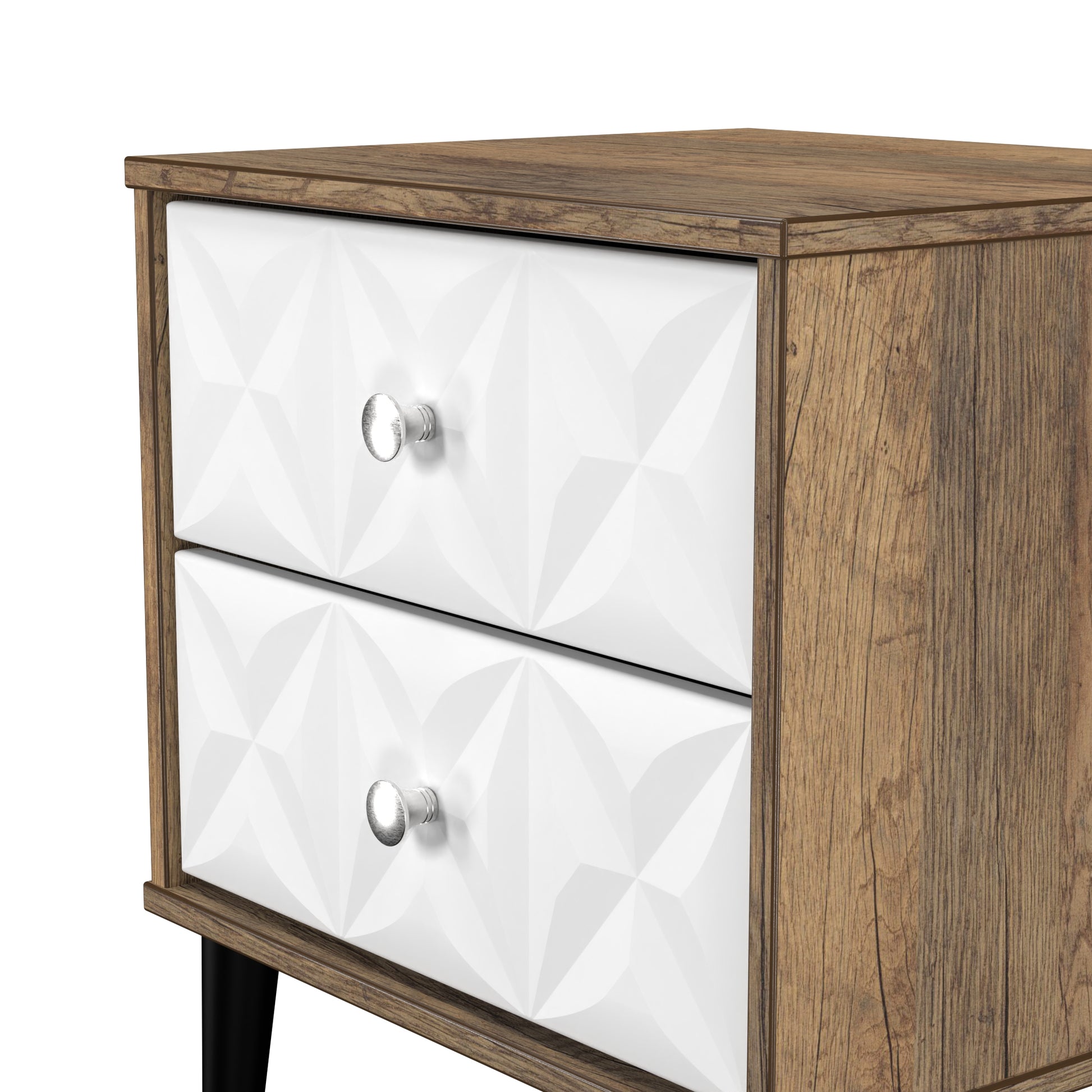 Top Quality Pixel 2 Drawer Bedside Cabinet in White Matt and Vintage Oak Colour