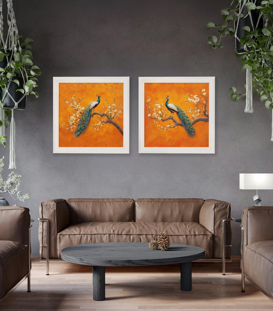 Peacocks In Saffron Garden - Cream Hurstwood Square Frame - Blythe Living