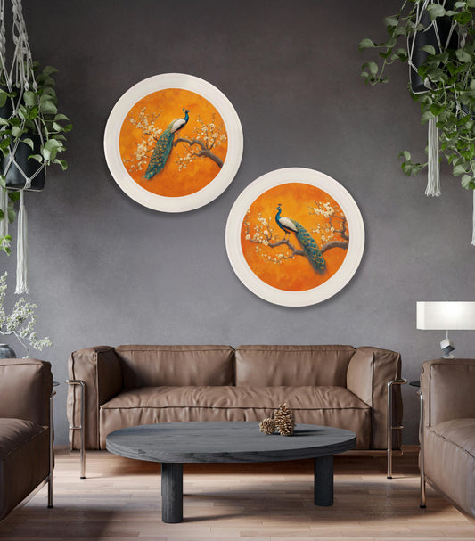 Peacocks In Saffron Garden - Oxford Strong White Round Frame - Blythe Living
