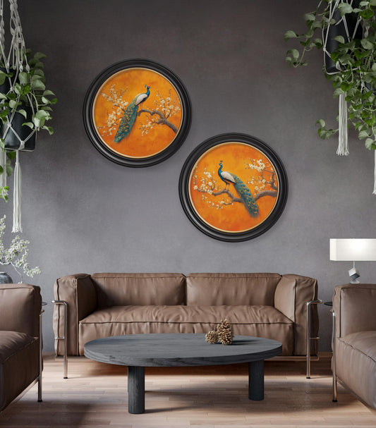Peacocks In Saffron Garden - Oxford Round Frame - Blythe Living