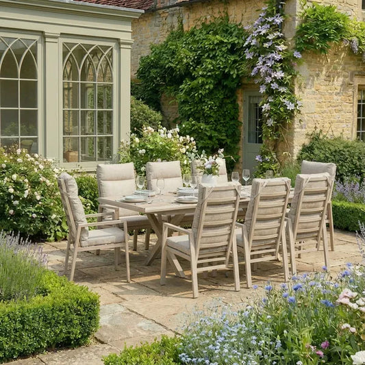 Maze - Valencia Reclining 6-8 Seat Aluminium Extending Garden Dining Set - Latte
includes 6 Reclining Chairs - Blythe Living