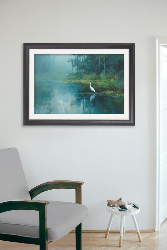 Misty Lake Great Egret - Black Hurstwood Frame - Blythe Living