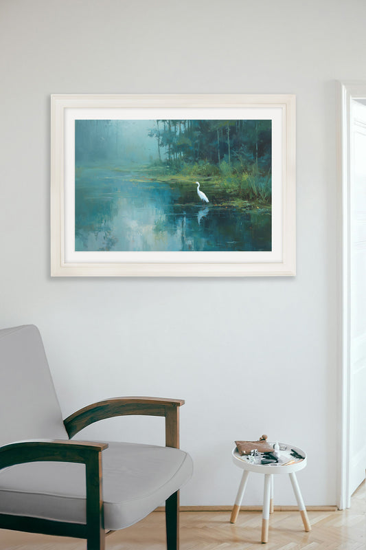 Misty Lake Great Egret - Cream Hurstwood Frame - Blythe Living