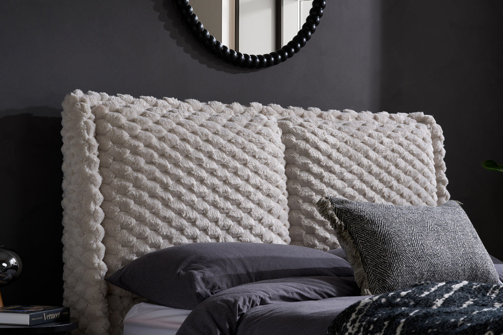 Zuma White Textured Linen Tilly Upholstered Low Profile Platform Bed