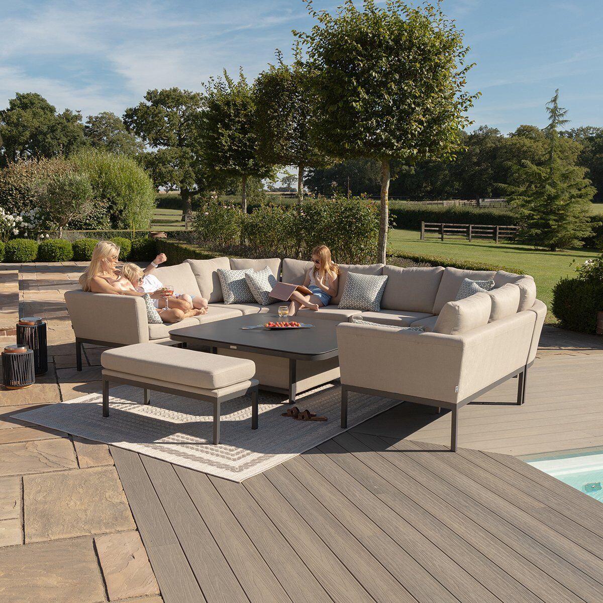 Maze - Outdoor Fabric Pulse U Shape Corner Dining Set with Rising Table - Oatmeal - Blythe Living