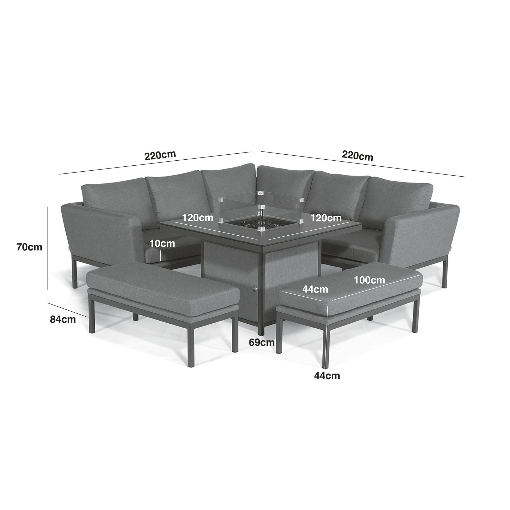 Maze - Outdoor Fabric Pulse Square Corner Dining Set with Fire Pit Table - Oatmeal - Blythe Living