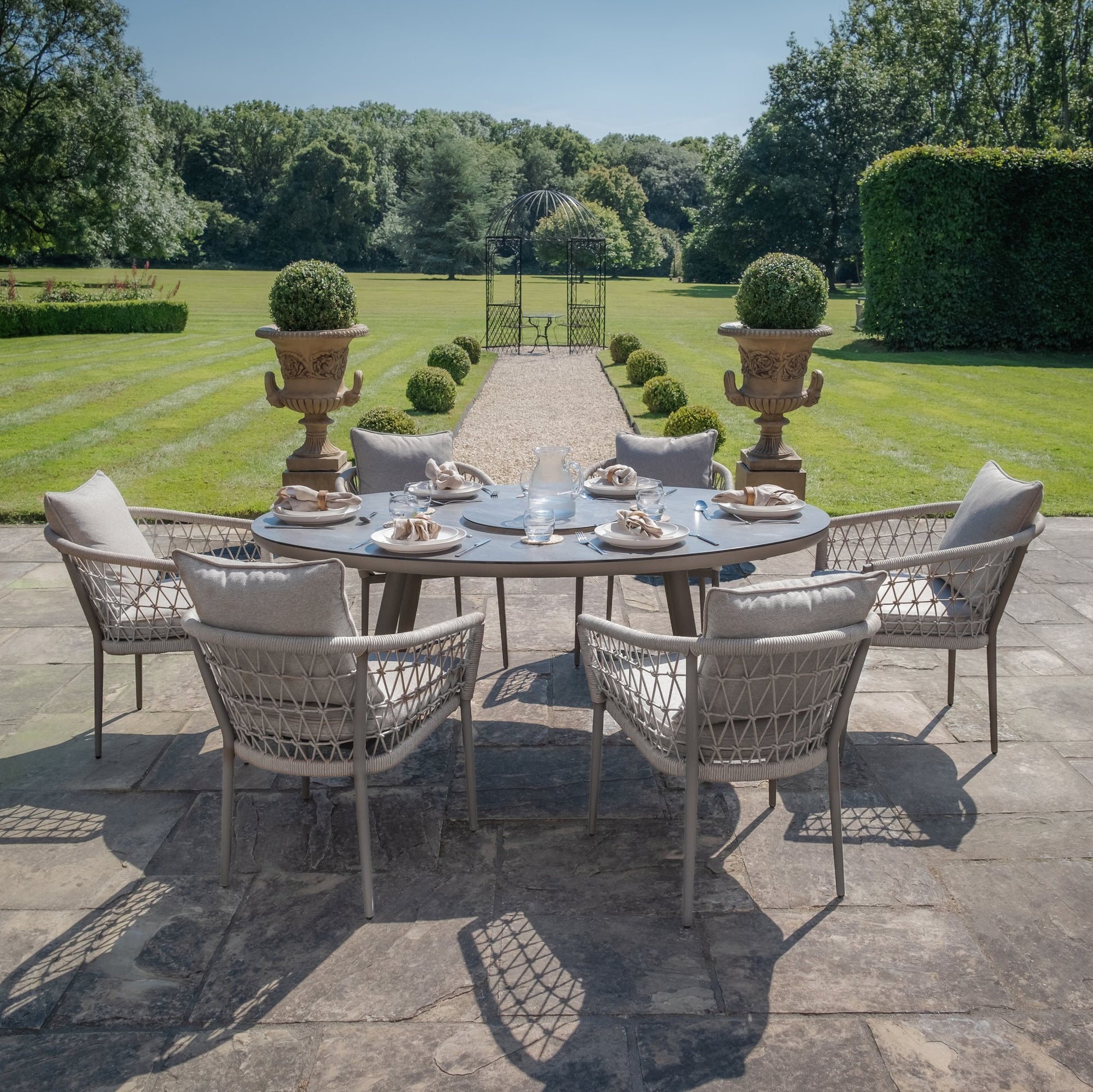 Maze - Monaco Rope Weave 6 Seat Oval Dining Set with Lazy Susan - Cool Linen - Blythe Living