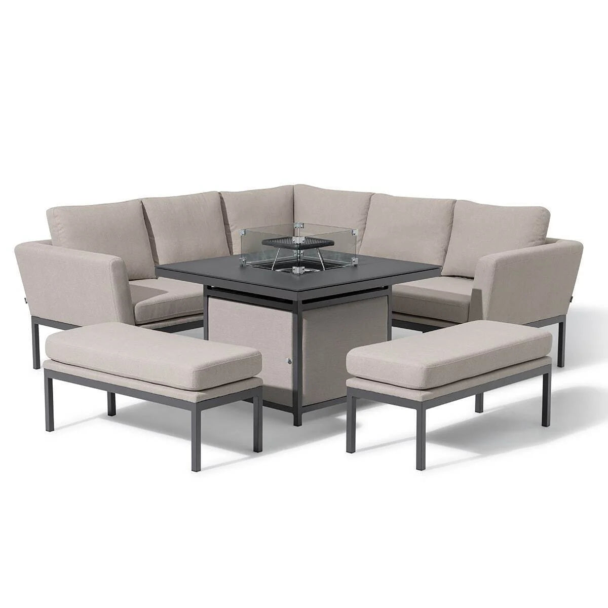 Maze - Outdoor Fabric Pulse Square Corner Dining Set with Fire Pit Table - Oatmeal - Blythe Living