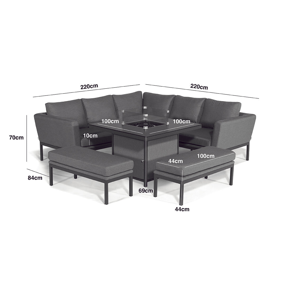 Maze - Outdoor Fabric Pulse Square Corner Dining Set with Fire Pit Table - Charcoal - Blythe Living