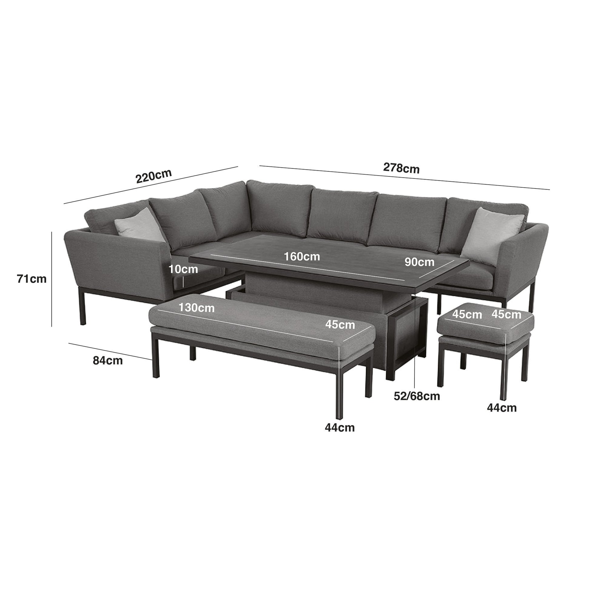 Maze - Outdoor Fabric Pulse Rectangular Corner Dining Set with Rising Table - Charcoal - Blythe Living