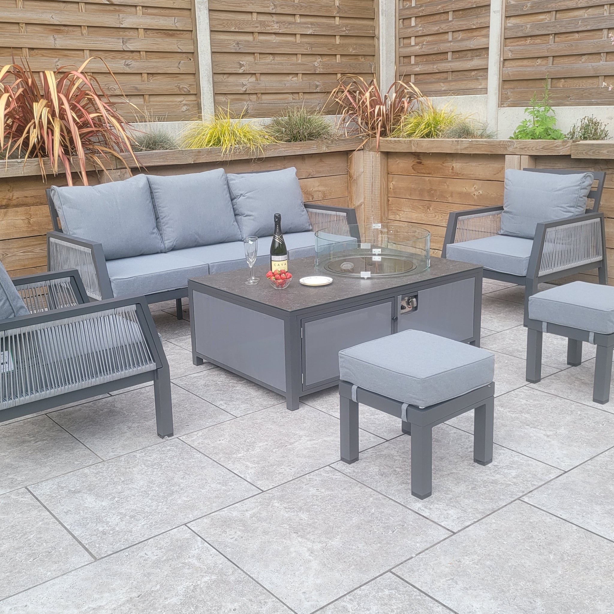 Bettina 3 Seat Sofa + 2 Armchairs & Gas Fire Pit Table