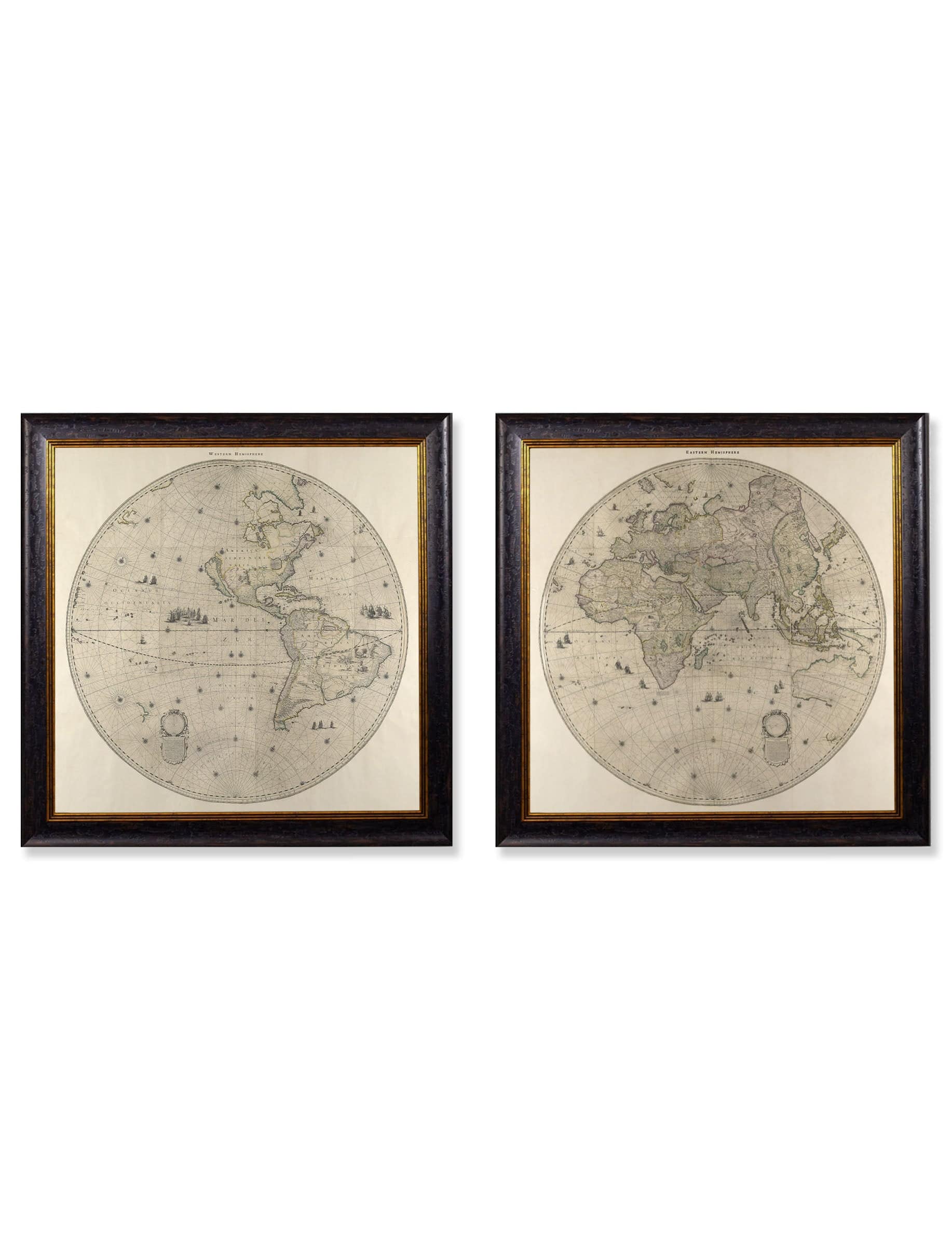 c.1660 Map of the World in Two Hemispheres | Vintage 17th Century Eastern & Western Globe Prints 70x70cm | Handcrafted British Framed Wall Art