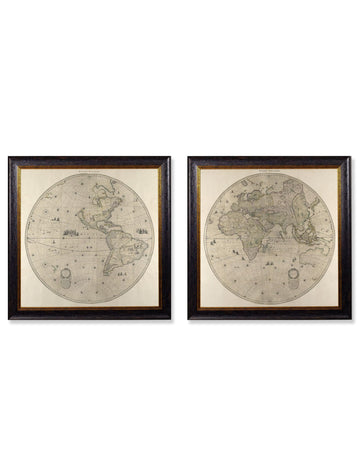 c.1660 Map of the World in Two Hemispheres | Vintage 17th Century Eastern & Western Globe Prints 70x70cm | Handcrafted British Framed Wall Art
