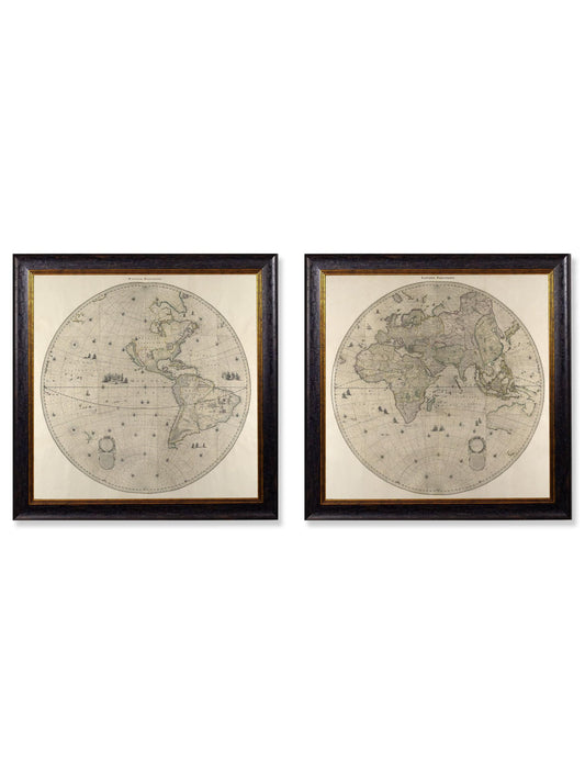 c.1660 Map of the World in Two Hemispheres | Vintage 17th Century Eastern & Western Globe Prints 70x70cm | Handcrafted British Framed Wall Art