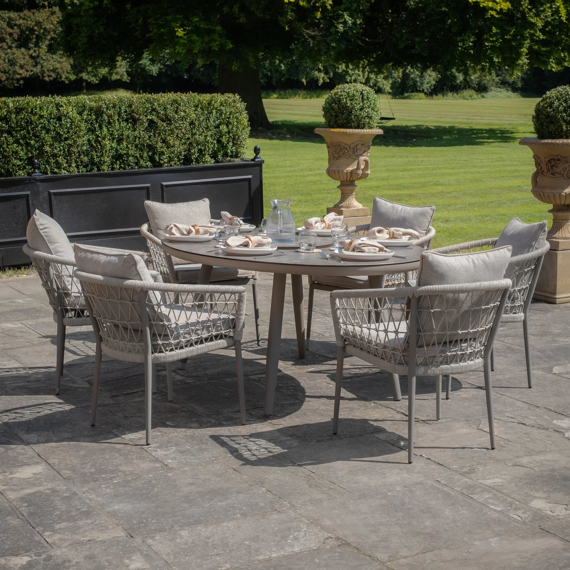 Maze - Monaco Rope Weave 6 Seat Oval Dining Set with Lazy Susan - Cool Linen - Blythe Living