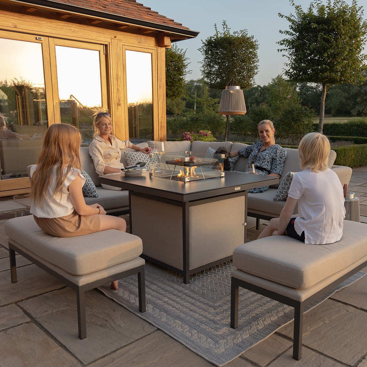 Maze - Outdoor Fabric Pulse Square Corner Dining Set with Fire Pit Table - Oatmeal - Blythe Living