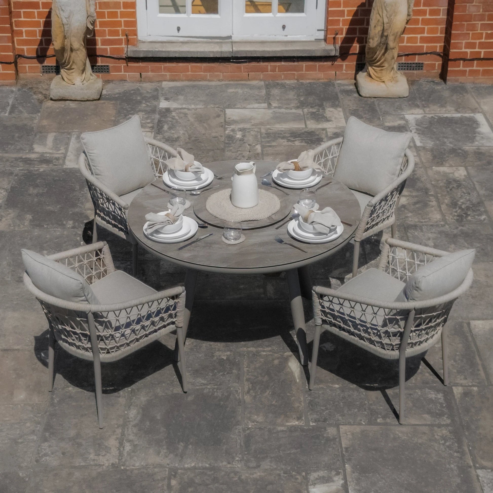 Maze - Monaco Rope Weave 4 Seat Round Dining Set with Lazy Susan - Cool Linen - Blythe Living