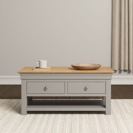 BORDEAUX 2 DRAWER COFFEE TABLE - PEBBLE GREY/OAK - Blythe Living