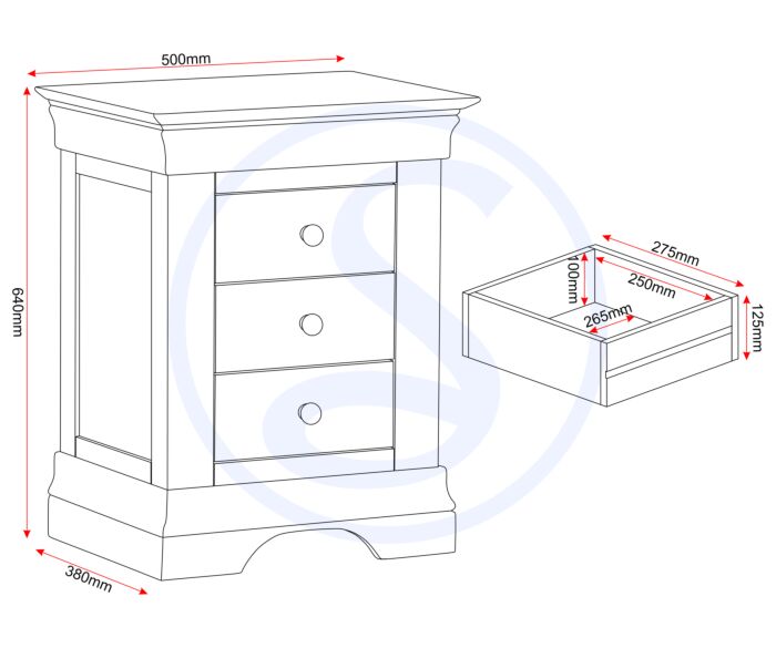 BORDEAUX 3 DRAWER BEDSIDE - PEBBLE GREY - Blythe Living
